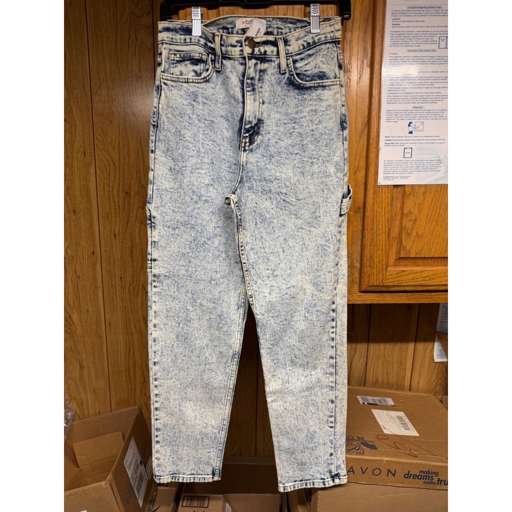 Vibrant MIU Womens Acid Wash Carpenter Jeans High Waisted Size 11 W29 Light Blue